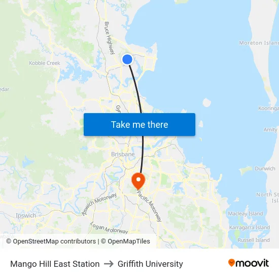 Mango Hill East Station to Griffith University map