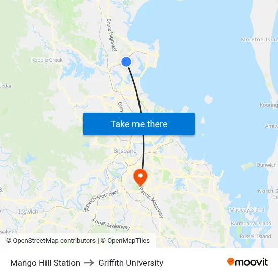 Mango Hill Station to Griffith University map