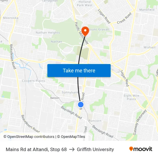 Mains Rd at Altandi, Stop 68 to Griffith University map