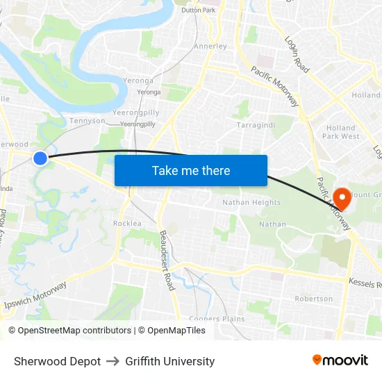 Sherwood Depot to Griffith University map