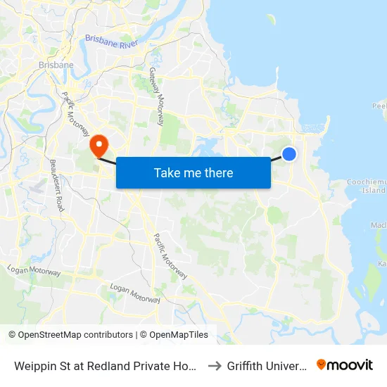 Weippin St at Redland Private Hospital to Griffith University map