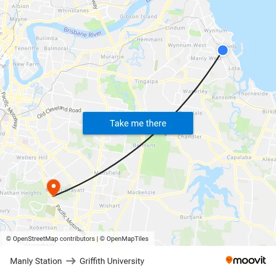 Manly Station to Griffith University map