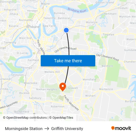 Morningside Station to Griffith University map