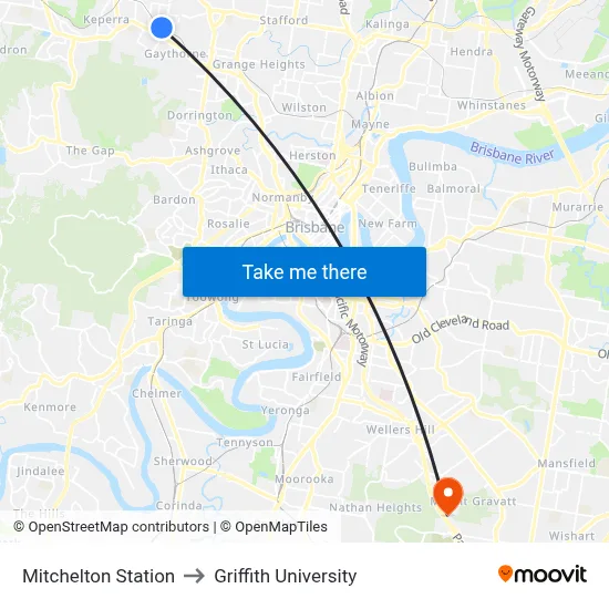 Mitchelton Station to Griffith University map
