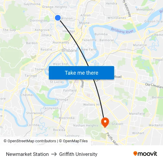 Newmarket Station to Griffith University map