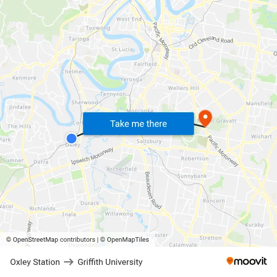 Oxley Station to Griffith University map