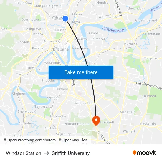 Windsor Station to Griffith University map