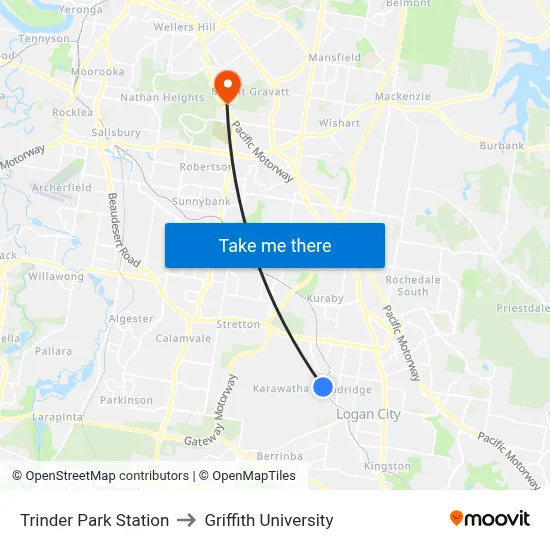 Trinder Park Station to Griffith University map