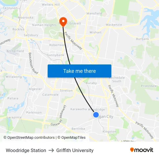 Woodridge Station to Griffith University map