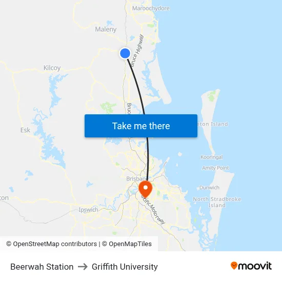 Beerwah Station to Griffith University map