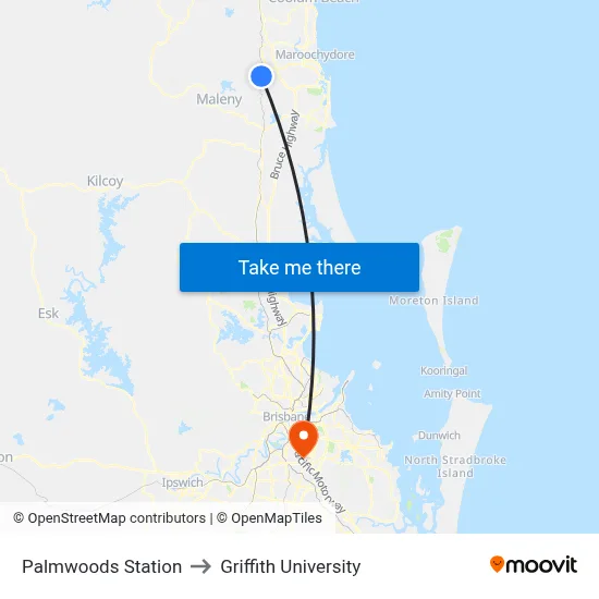 Palmwoods Station to Griffith University map