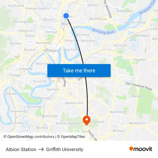 Albion Station to Griffith University map