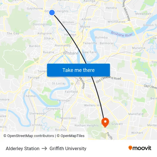 Alderley Station to Griffith University map