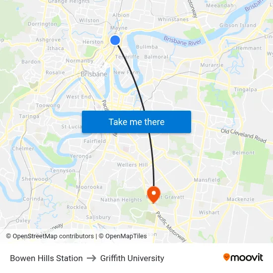 Bowen Hills Station to Griffith University map