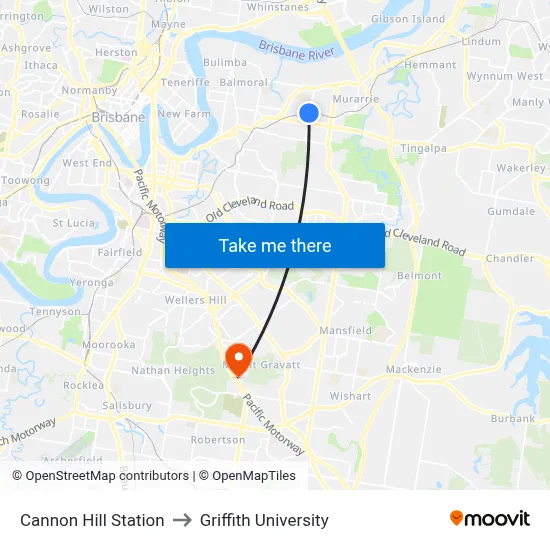 Cannon Hill Station to Griffith University map
