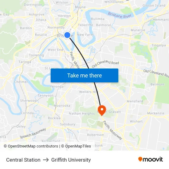 Central Station to Griffith University map