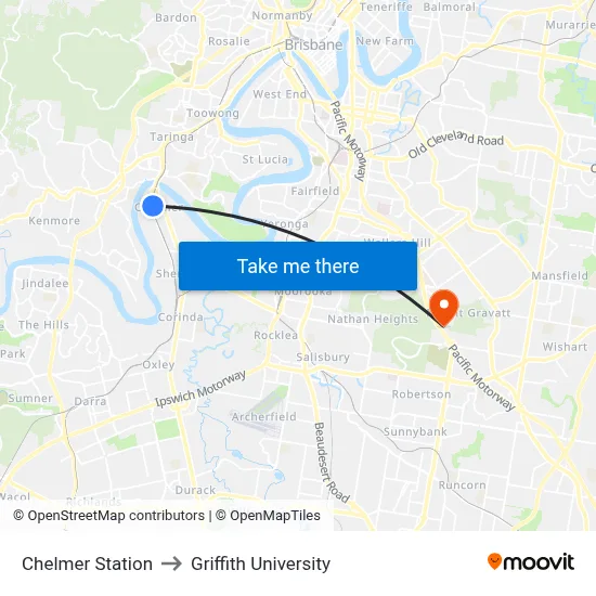 Chelmer Station to Griffith University map