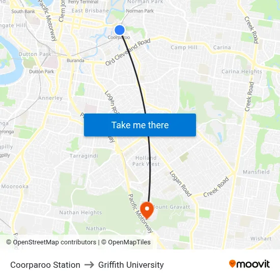 Coorparoo Station to Griffith University map