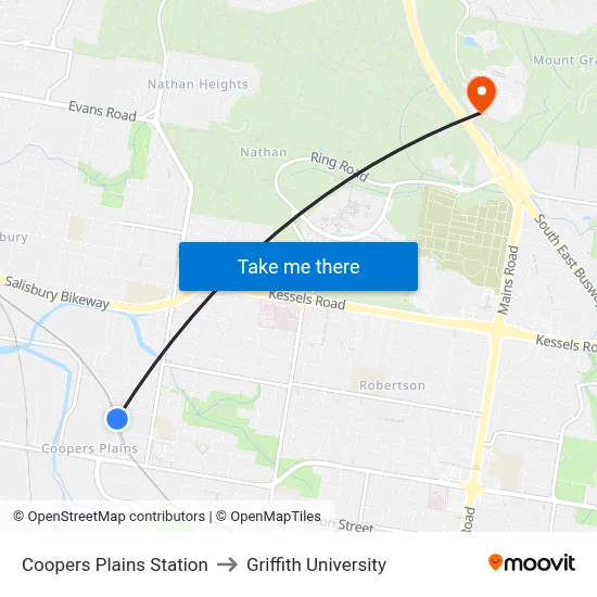 Coopers Plains Station to Griffith University map