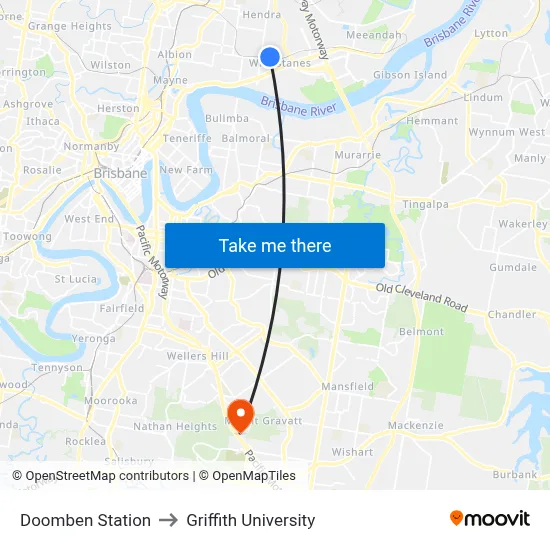 Doomben Station to Griffith University map