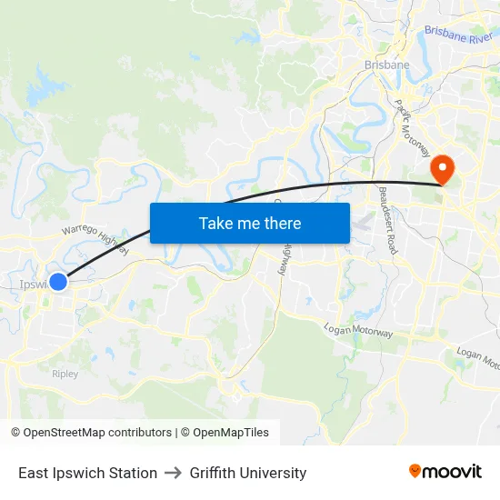 East Ipswich Station to Griffith University map