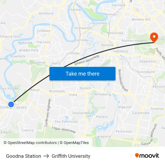 Goodna Station to Griffith University map
