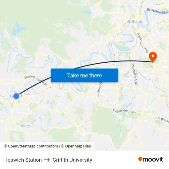 Ipswich Station to Griffith University map