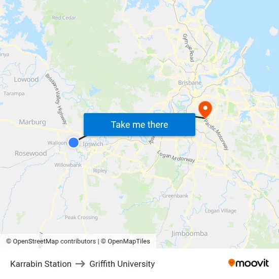 Karrabin Station to Griffith University map
