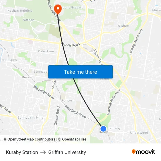 Kuraby Station to Griffith University map