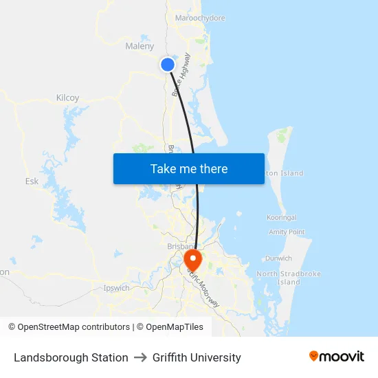 Landsborough Station to Griffith University map