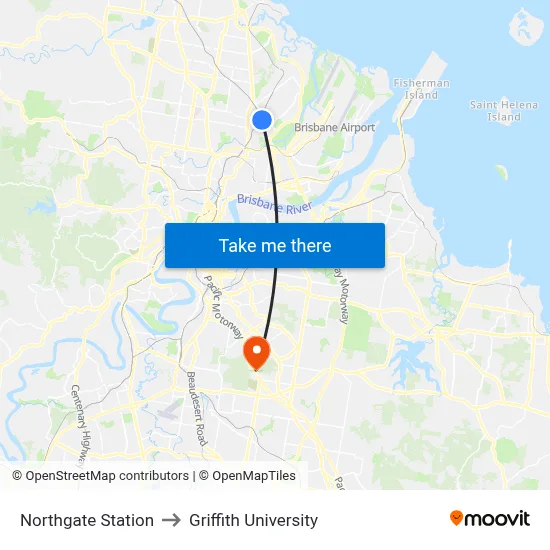 Northgate Station to Griffith University map
