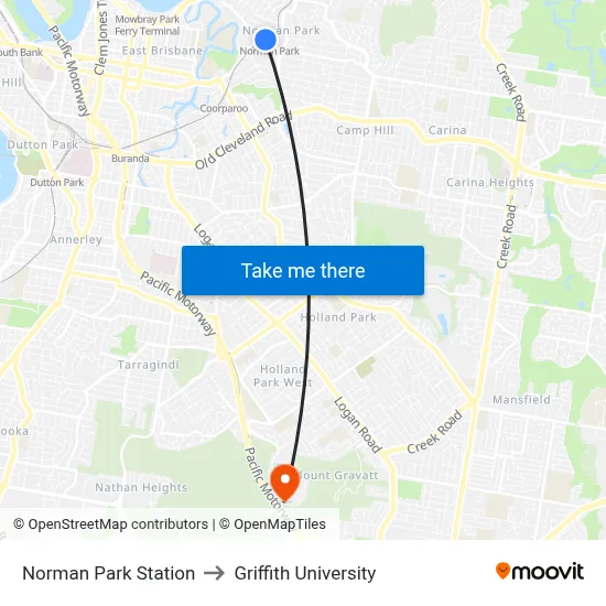 Norman Park Station to Griffith University map