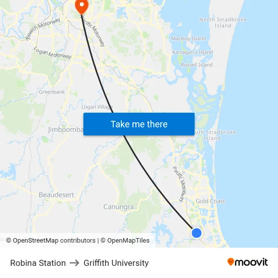 Robina Station to Griffith University map