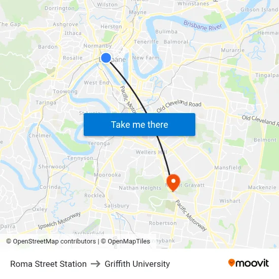 Roma Street Station to Griffith University map