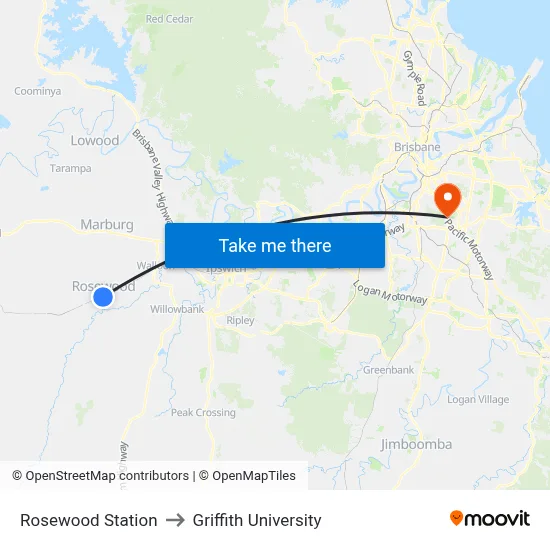 Rosewood Station to Griffith University map