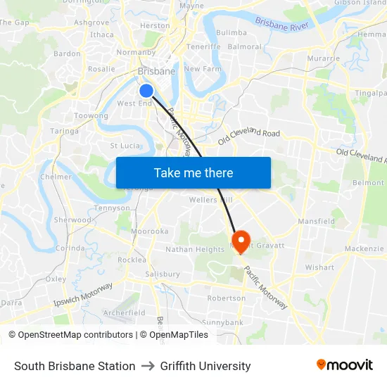 South Brisbane Station to Griffith University map