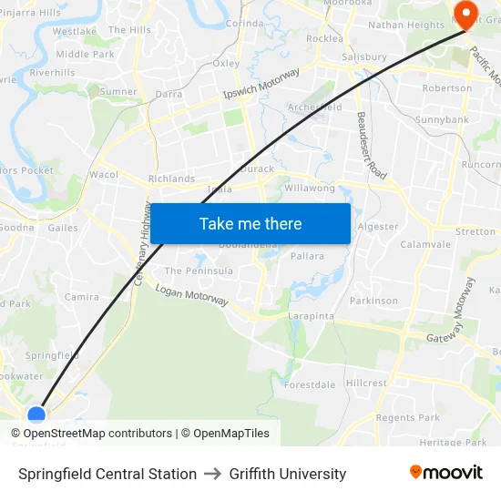 Springfield Central Station to Griffith University map
