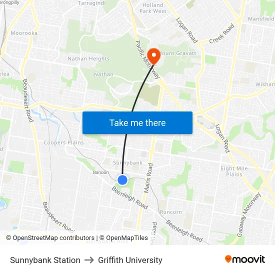 Sunnybank Station to Griffith University map