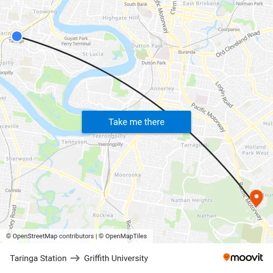 Taringa Station to Griffith University map