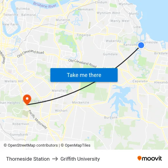 Thorneside Station to Griffith University map