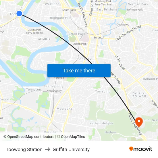 Toowong Station to Griffith University map