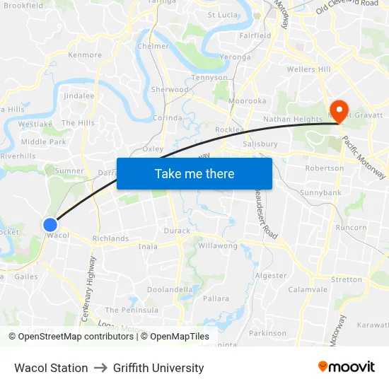 Wacol Station to Griffith University map