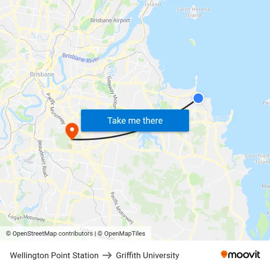 Wellington Point Station to Griffith University map