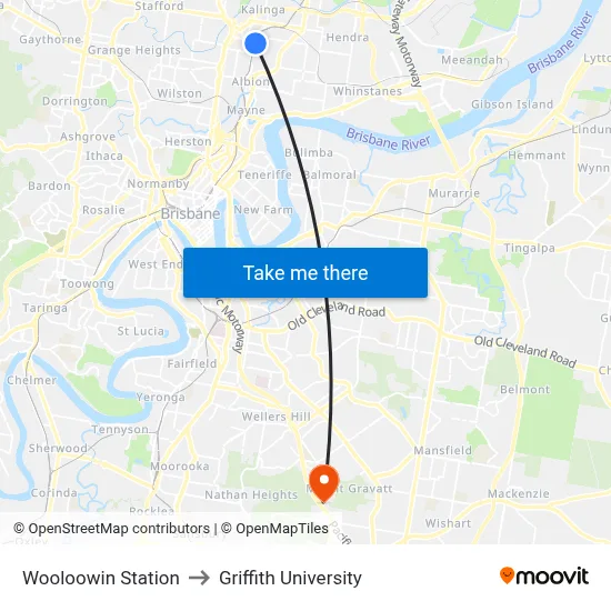 Wooloowin Station to Griffith University map