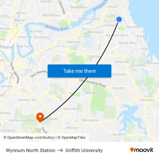 Wynnum North Station to Griffith University map