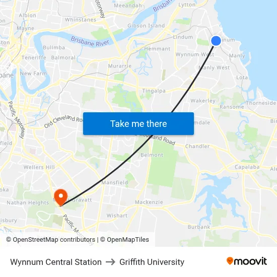 Wynnum Central Station to Griffith University map