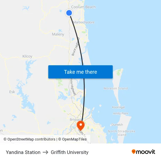 Yandina Station to Griffith University map
