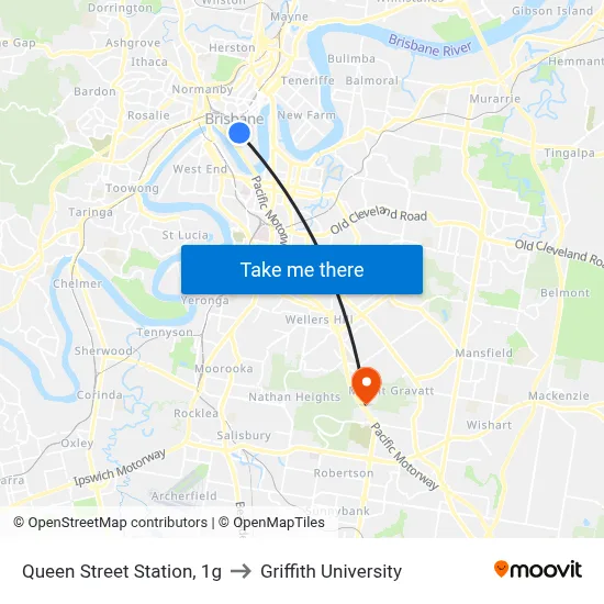 Queen Street Station, 1g to Griffith University map