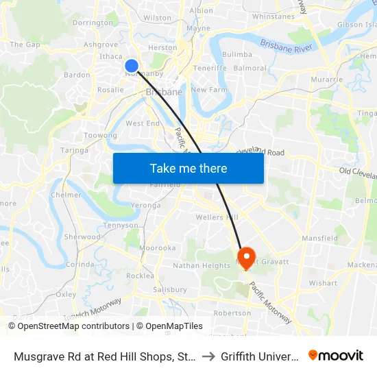 Musgrave Rd at Red Hill Shops, Stop 8 to Griffith University map
