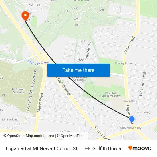 Logan Rd at Mt Gravatt Corner, Stop 44 to Griffith University map